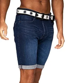 Mens Stretch Denim Shorts Belted Knee Length Roll Up Faded Casual New, Dark Wash, 32W Mens Stretch Denim Shorts Belted Knee Length Roll Up Faded Casual New, Dark Wash, 32W