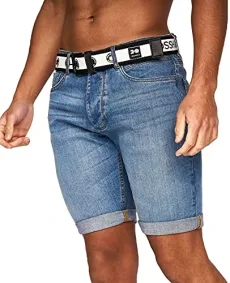 Mens Stretch Denim Shorts Belted Knee Length Roll Up Faded Casual New, Light Wash, 32W Mens Stretch Denim Shorts Belted Knee Length Roll Up Faded Casual New, Light Wash, 32W