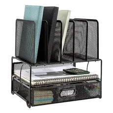 Mesh Desk Organiser with Sliding Drawer, Double Tray and 5 Upright Sections, Black Mesh Desk Organiser with Sliding Drawer, Double Tray and 5 Upright Sections, Black