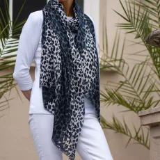 Midnight Navy Leopard Print Cashmere and Silk Scarf Midnight Navy Leopard Print Cashmere and Silk Scarf