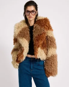 Mongolian Cropped Faux Fur Jacket - Tan, SML