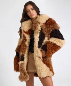 Mongolian Longline Faux Fur Jacket - Tan, SML