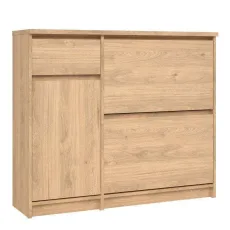 Naia Shoe Cabinet with 2 Shoe Compartments, 1 Door and 1 Drawer in Jackson Hickory Oak Naia Shoe Cabinet with 2 Shoe Compartments, 1 Door and 1 Drawer in Jackson Hickory Oak