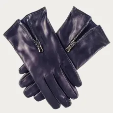 Navy Blue Leather Gloves with Zip Detail - Cashmere Lined Navy Blue Leather Gloves with Zip Detail - Cashmere Lined