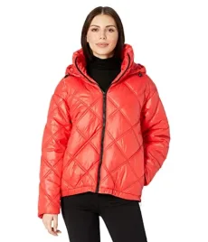 New York Women's Short Hooded Zip Quilted Jacket, Puffer Red, Medium