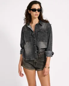 Nixie Eyelet Classic Fit Denim Shirt - Charcoal Black, Nixie Eyelet Classic Fit Denim Shirt - Charcoal Black,