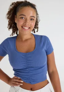 Older Girls Blue Ruched Front Cropped T-shirt