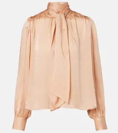 Ornament tie-neck silk chiffon blouse