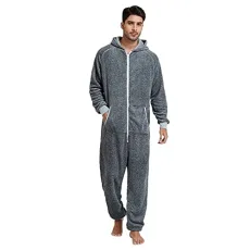 Pajamas for Men Cotton 24 Pieces Men's Sleepwear Solid Color Zipper V Neck Long Sleeve Hoodie Sleepwear Rompers House Slipper with Memory Foam Grey