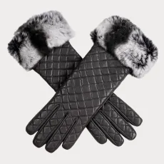 Pewter Grey Quilted Leather Gloves with Rabbit Fur Cuff Pewter Grey Quilted Leather Gloves with Rabbit Fur Cuff
