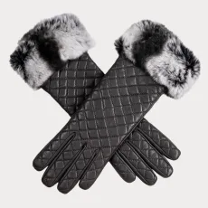 Pewter Grey Quilted Leather Gloves with Rabbit Fur Cuff Pewter Grey Quilted Leather Gloves with Rabbit Fur Cuff