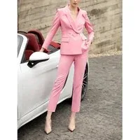 Pink Double Breasted Shawl Lapel Slim Fit Women Suit (BlazerPants) - US 12 Pink Pink Double Breasted Shawl Lapel Slim Fit Women Suit (BlazerPants) - US 12 Pink