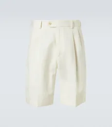 Pleated wool, cotton, and linen shorts