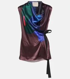 Printed self-tie silk top Printed self-tie silk top