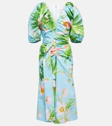 Puffed printed cotton-blend midi dress Puffed printed cotton-blend midi dress
