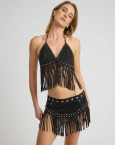 Rebel Rider Fringed Studded Suede Cami Top - Black Size XS Rebel Rider Fringed Studded Suede Cami Top - Black Size XS