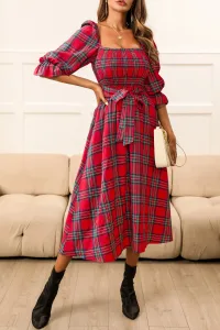Red Belted Plaid Ruched Dress