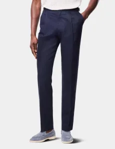 Regular Fit Navy Pleated Trousers With Side Adjusters Linen Plain Men's Regular Fit Navy Pleated Trousers With Side Adjusters Linen Plain Men's