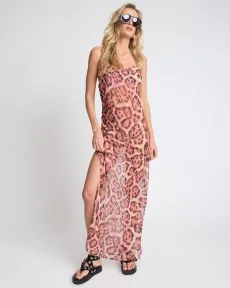 Rhiannon Ruched Long Slip Maxi Dress - Pink Leopard Size XS Rhiannon Ruched Long Slip Maxi Dress - Pink Leopard Size XS