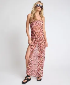 Rhiannon Ruched Long Slip Maxi Dress - Pink Leopard, SML Rhiannon Ruched Long Slip Maxi Dress - Pink Leopard, SML