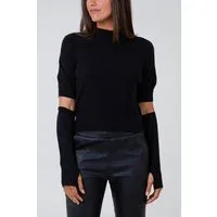 Ribbed High Neck Top With Arm Warmers - SM - BLACK