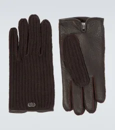 Ribbed-knit cashmere and leather gloves