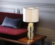 Ring Table Lamp satin brass with satin brass details and dove grey silk shade