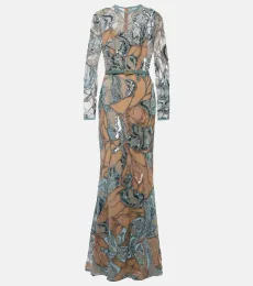 Robe longue brodée en soie mélangée Robe longue brodée en soie mélangée