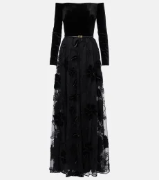 Robe longue brodée en tulle et velours Robe longue brodée en tulle et velours