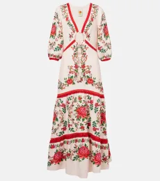 Robe longue en lin mélangé à fleurs Robe longue en lin mélangé à fleurs
