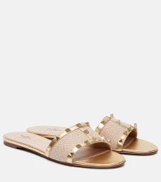 Rockstud leather-trimmed slides Rockstud leather-trimmed slides