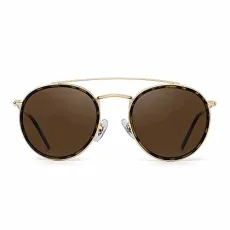 Round Polarized Sunglasses Metal Frame Flat Circle lens Glasses Men Women (Gold Alloy Tortoise Tip/Polarized Brown)