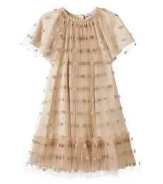 Ruffled logo embroidered tulle dress