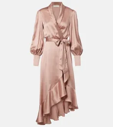 Ruffled silk satin wrap dress