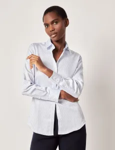 Semi-Fitted White Blue Stitch Stripe Shirt WhiteBlue Cotton Striped Women's Semi-Fitted White Blue Stitch Stripe Shirt WhiteBlue Cotton Striped Women's