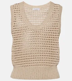 Sequined open-knit cotton-blend vest