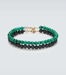 Set of 2 14kt gold beaded bracelets with malachite and lava rock Set of 2 14kt gold beaded bracelets with malachite and lava rock