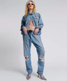 Shabbies Low Waist Drawstring Boyfriend Denim Jeans - Vintage Blue, Shabbies Low Waist Drawstring Boyfriend Denim Jeans - Vintage Blue,