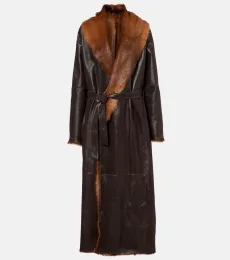 Shearling-lined leather wrap coat