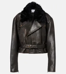 Shearling-trimmed cropped leather biker jacket Shearling-trimmed cropped leather biker jacket