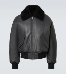 Shearling-trimmed leather bomber jacket Shearling-trimmed leather bomber jacket
