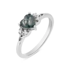 Silver Celtic Moss Agate Heart Ring - 53
