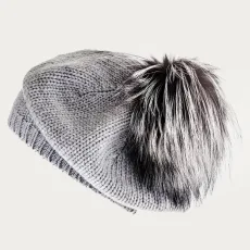 Silver Grey Cashmere Fur Pom Pom Beret Silver Grey Cashmere Fur Pom Pom Beret