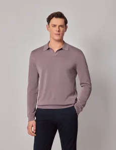 Slim Fit Dusty Lilac Open Collar Knitted Polo Shirt Long Sleeve Cotton Plain Men's Slim Fit Dusty Lilac Open Collar Knitted Polo Shirt Long Sleeve Cotton Plain Men's