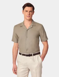 Slim Fit Khaki Linen Shirt Short Sleeve Plain Men's
