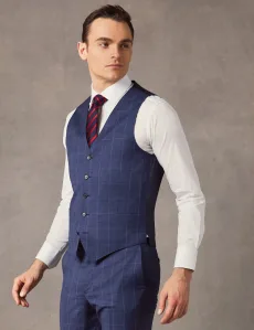 Slim Fit Mid Blue End on End Plaid Vest Wool Men's Slim Fit Mid Blue End on End Plaid Vest Wool Men's