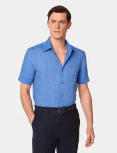 Slim Fit Mid Blue Linen Shirt Short Sleeve Plain Men's Slim Fit Mid Blue Linen Shirt Short Sleeve Plain Men's