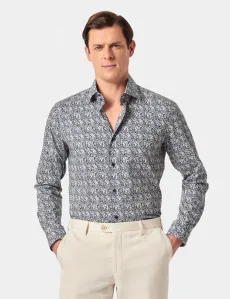 Slim Fit Navy Cream Mini Bird Cotton Poplin Curtis Shirt NavyCream Animal Men's