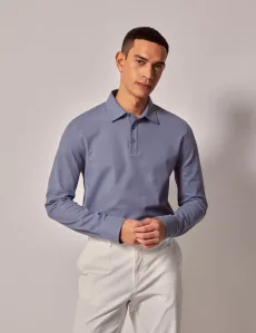 Slim Fit Ocean Blue Piqué Polo Shirt Long Sleeve Cotton Plain Men's Slim Fit Ocean Blue Piqué Polo Shirt Long Sleeve Cotton Plain Men's