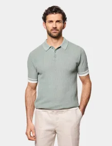 Slim Fit Sage Green Tipped Textured Rib Knitted Polo Shirt Cotton Men's Slim Fit Sage Green Tipped Textured Rib Knitted Polo Shirt Cotton Men's